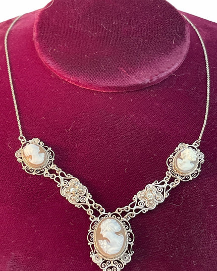 Victorian 800 Silver filagree shell Cameo Necklace