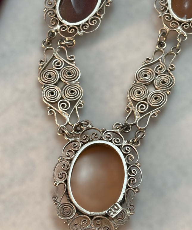 Victorian 800 Silver filagree shell Cameo Necklace
