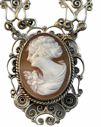 Victorian 800 Silver filagree shell Cameo Necklace