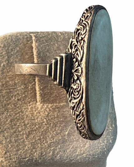 Antique Sterling oblong ivory bone ring etched flowers