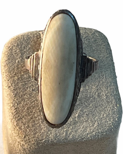 Antique Sterling oblong ivory bone ring etched flowers