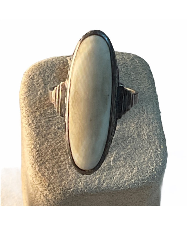 Antique Sterling oblong ivory bone ring etched flowers