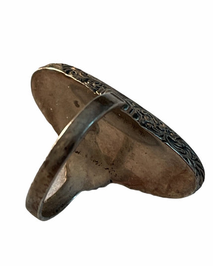 Antique Sterling oblong ivory bone ring etched flowers