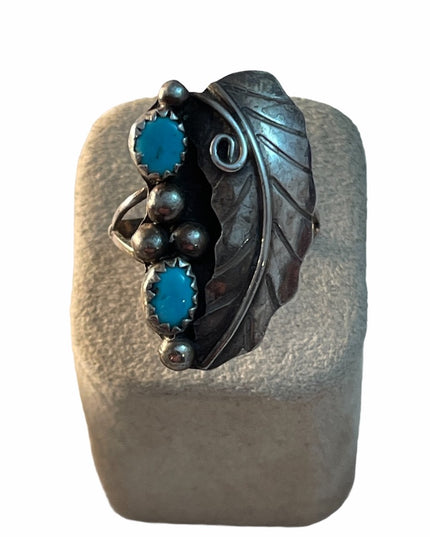 VTG Sterling silver 925 Navajo Etched leaf ring Turquoise