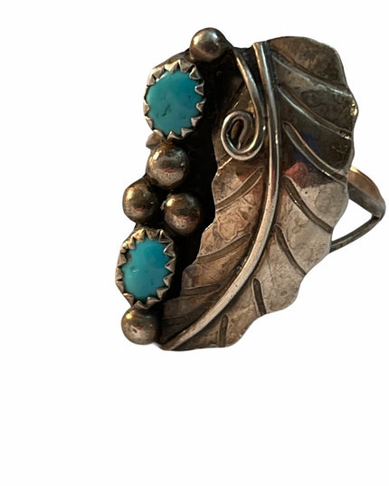 VTG Sterling silver 925 Navajo Etched leaf ring Turquoise