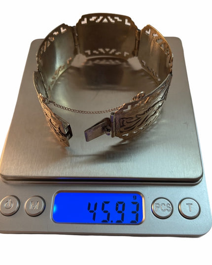 VTG Sterling silver heavy bangle bracelet Aztec Mexico Story book Gods