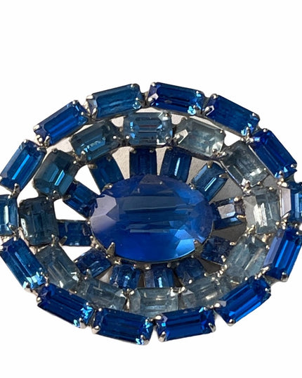 Vintage Mid century c1950s fancy Crystal Blue brooch oval beauty!
