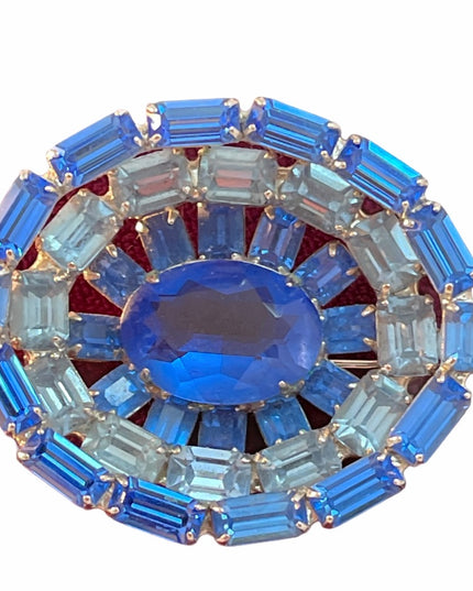 Vintage Mid century c1950s fancy Crystal Blue brooch oval beauty!