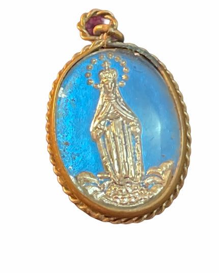 Vintage brass glass religious pendant