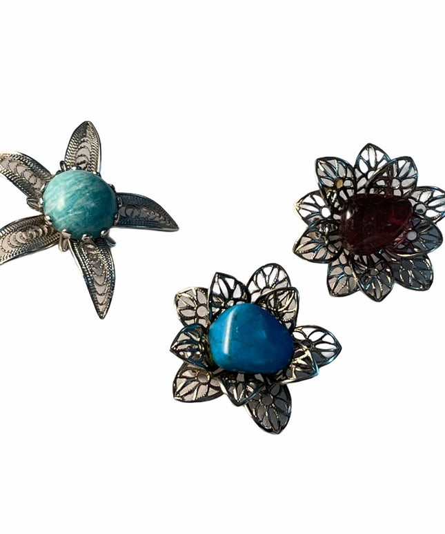 Lot of 3 Vintage small brooches w gemstones Faux turquois