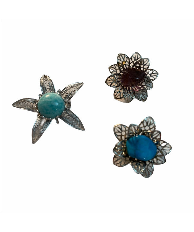 Lot of 3 Vintage small brooches w gemstones Faux turquois