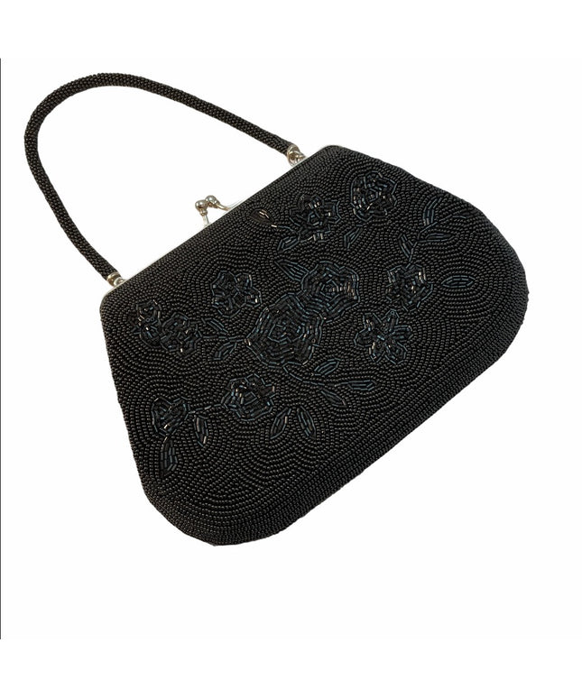 Vintage Black Micro Bead flower Black purse