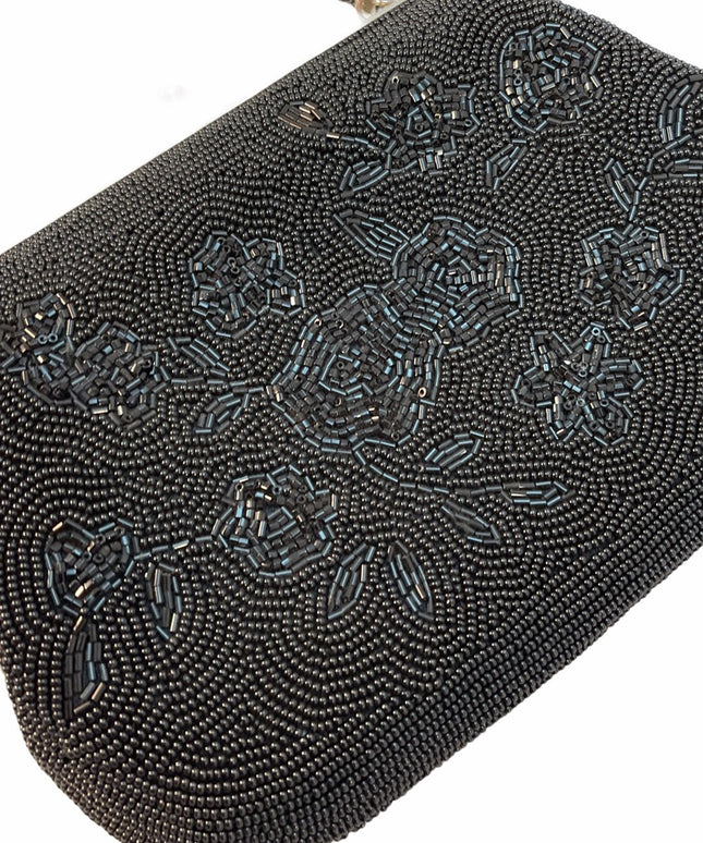Vintage Black Micro Bead flower Black purse