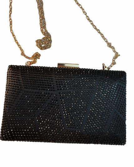 Black rhinestone clutch evening bag gold accent