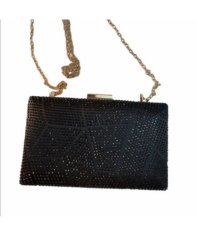 Black rhinestone clutch evening bag gold accent