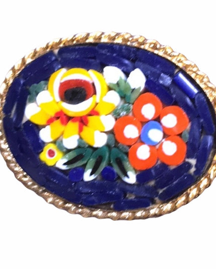 Vintage 1960s Italy Micro Mosaic glass brooch gold