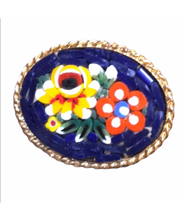 Vintage 1960s Italy Micro Mosaic glass brooch gold