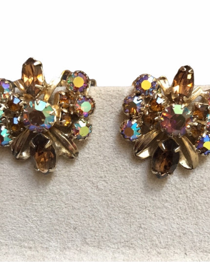 Vintage Crystal clip on earrings brown earth tones