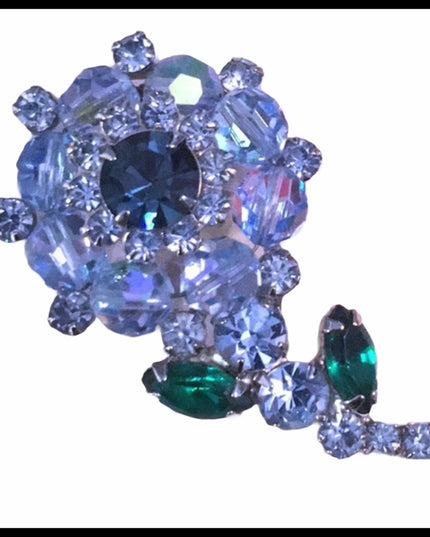 Vintage blue rhinestones & crystal flower brooch 1960s Juliana