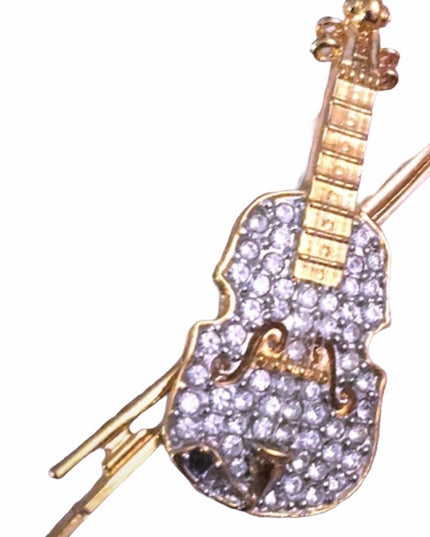 Vintage 1980s gold finish Butler rhinestone crystal violin brooch FAC