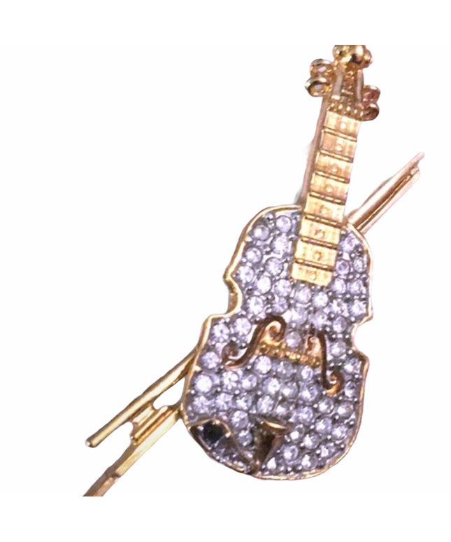 Vintage 1980s gold finish Butler rhinestone crystal violin brooch FAC