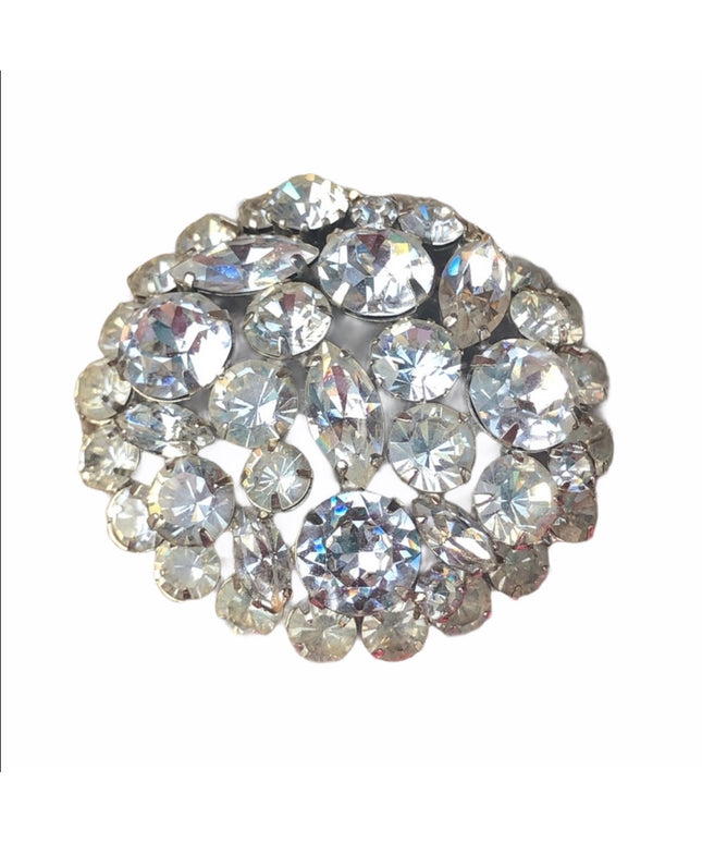Vintage 1960s Crystal round brooch silver finish quality heavy brooch