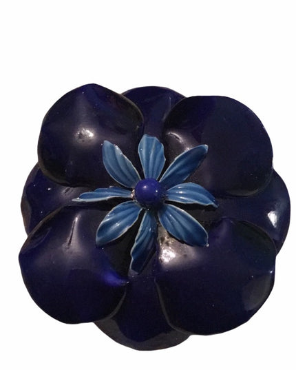 Vintage Dark Blue enamel metal flower brooch
