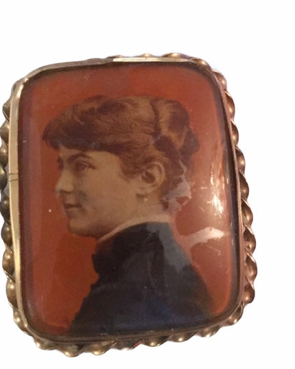 Antique rose gold Cameo brooch painted lady Victorian portrait