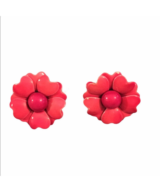 Vintage pink metal flower clip on earrings