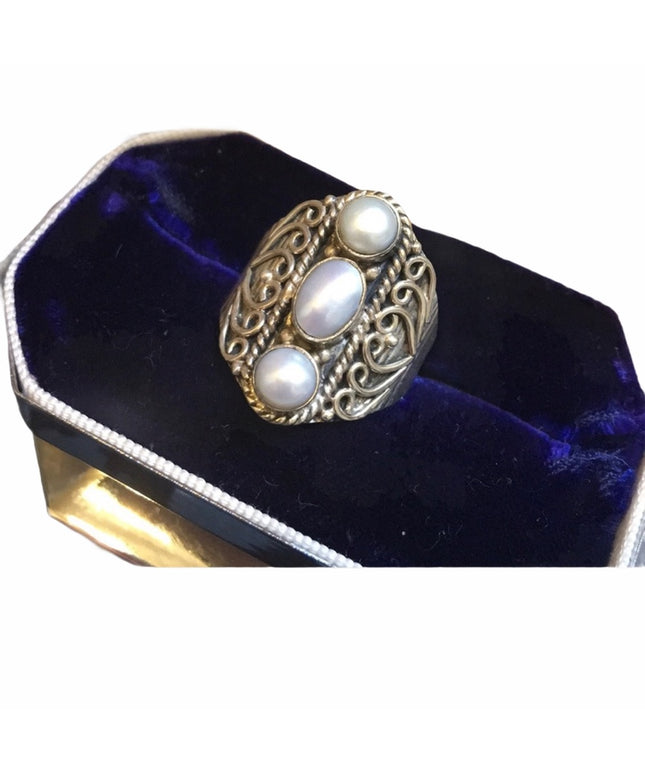 Sterling silver ornate design oblong 925 fancy pearl ring