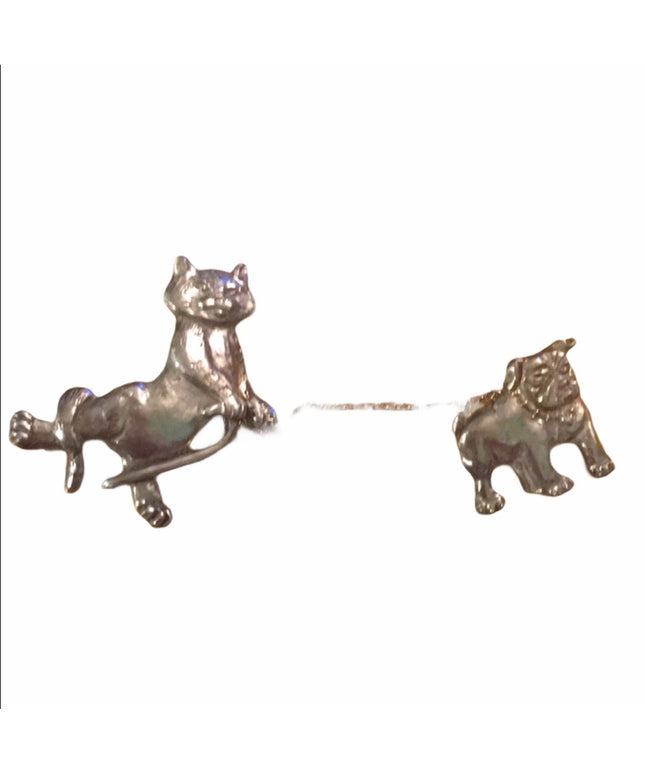 Pewter Cat & Dog sweater brooch clip 1990