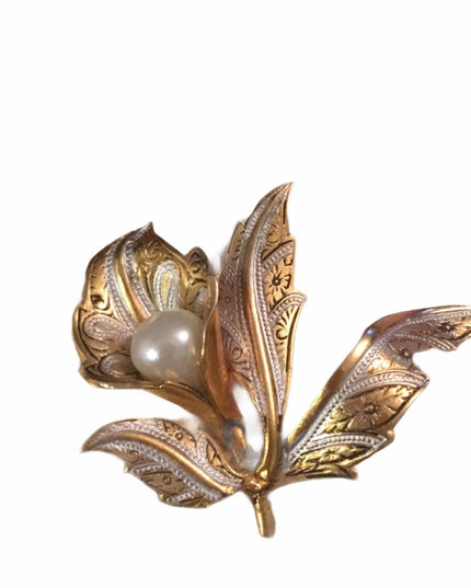 VTG Damascene gold Spain faux pearl brooch flower