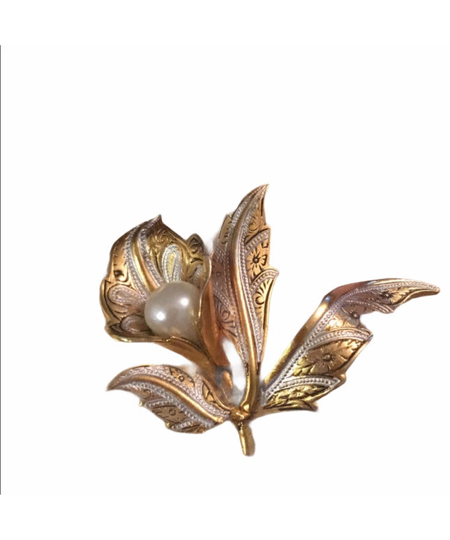 VTG Damascene gold Spain faux pearl brooch flower