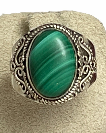 Sterling silver fancy ornate Malachite ring Bali Balenisian 925
