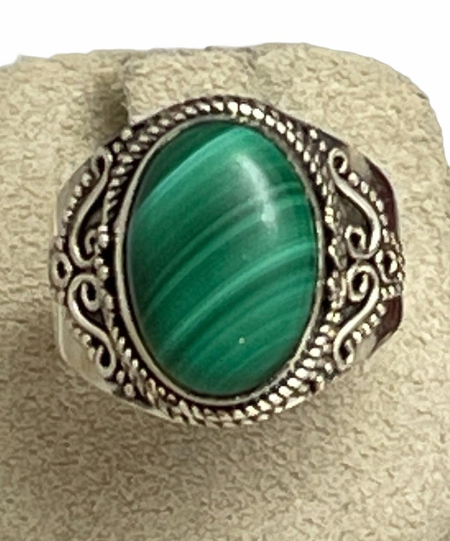 Sterling silver fancy ornate Malachite ring Bali Balenisian 925