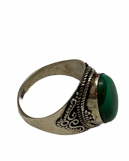 Sterling silver fancy ornate Malachite ring Bali Balenisian 925