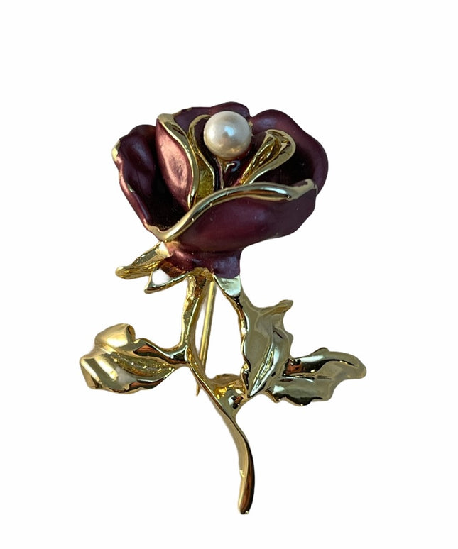 Gold plated finish pink enamel flower brooch faux pearl