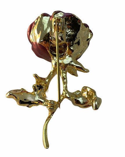 Gold plated finish pink enamel flower brooch faux pearl