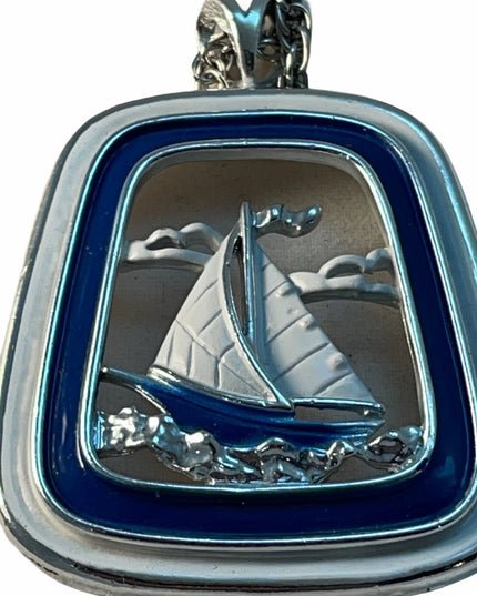 Vintage Sail boat silver tone pendant necklace nautical enamel boat