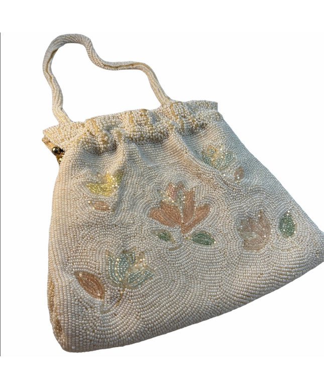 Antique C1920s Micro bead flower purse wristlet