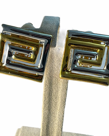 Greek Key gold & silver finish clipmon earrings