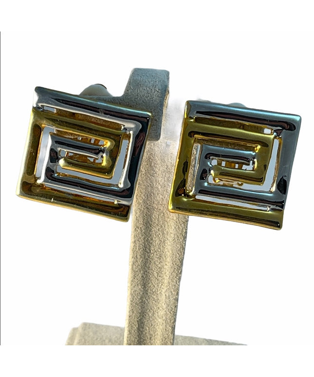 Greek Key gold & silver finish clipmon earrings