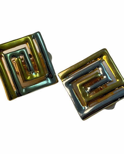 Greek Key gold & silver finish clipmon earrings