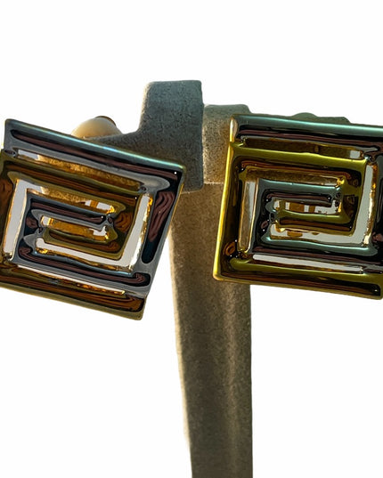 Greek Key gold & silver finish clipmon earrings