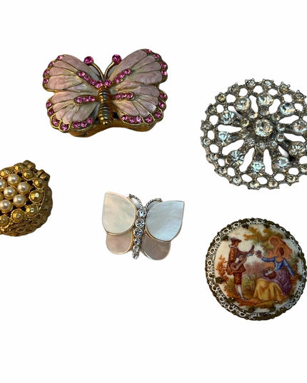 Vintage trinket box LOT & brooches butterfly cameo