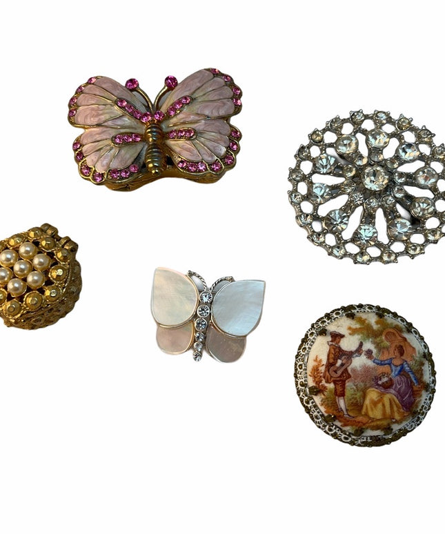 Vintage trinket box LOT & brooches butterfly cameo