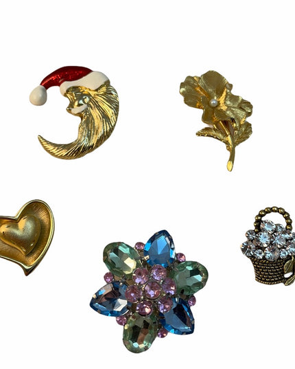 VTG Lot Brooches flower heart santa gold crystal