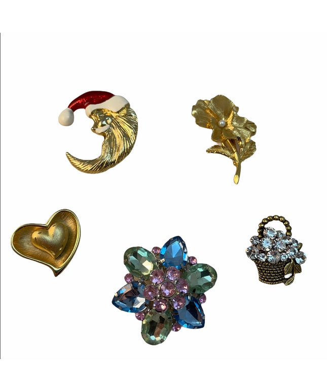 VTG Lot Brooches flower heart santa gold crystal