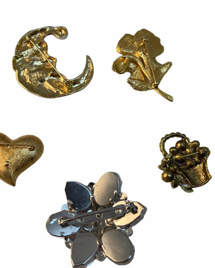 VTG Lot Brooches flower heart santa gold crystal