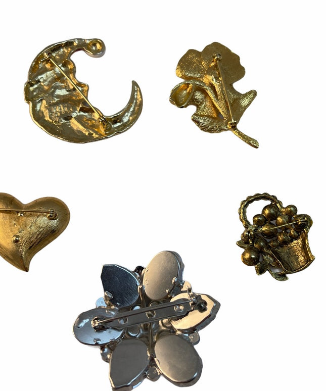 VTG Lot Brooches flower heart santa gold crystal
